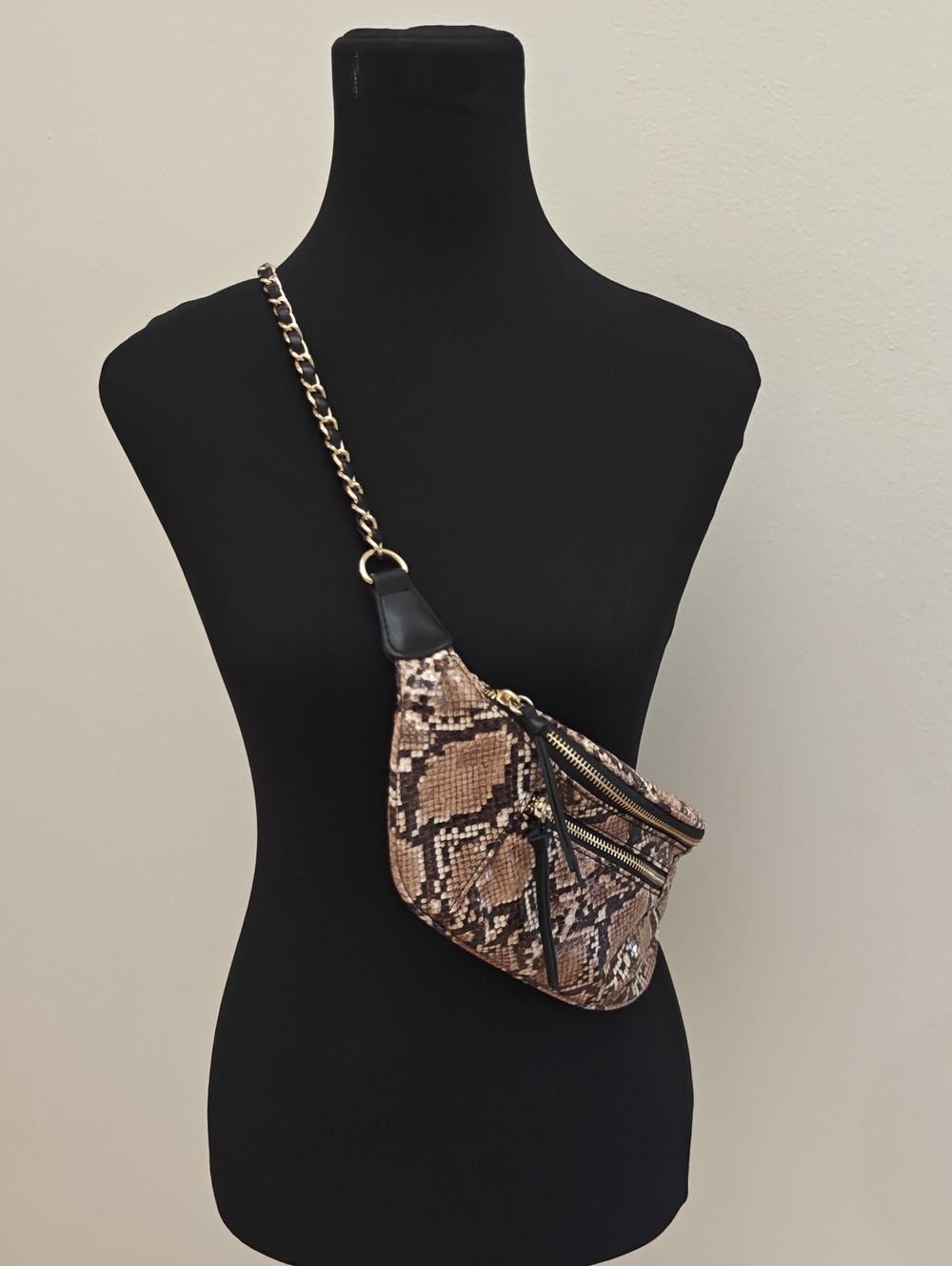 Brown Snake-Print Waist Or Crossbody Bag with Gold Chain Strap New Without Tags